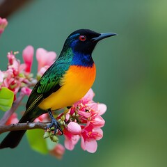 Fototapeta premium Colorful bird and flowers under clear nature sky image