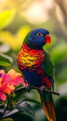 Obraz premium Colorful bird with blooming flowers scenic landscape photos