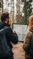 Fototapeta premium Two hikers examining a map in a forested area, planning their route.
