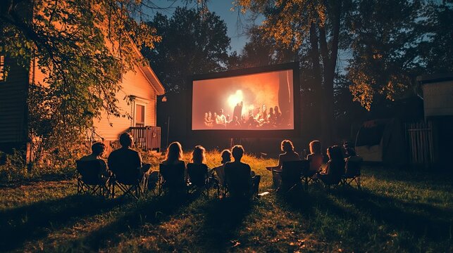 Fototapeta A spooky outdoor movie night with friends, featuring classic horror films projected onto a big screen.