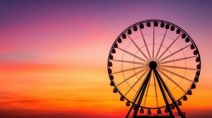 A large Ferris wheel creates a striking silhouette against the vibrant hues of a sunset sky, symbolizing a peaceful end to a fun day..