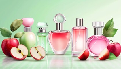 Vector design of perfume bottles with apple slices on a checkered pastel green background.
