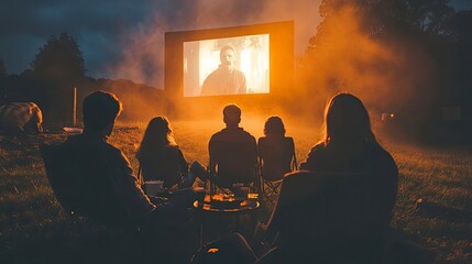 A spooky outdoor movie night with friends watching classic horror films under the stars.