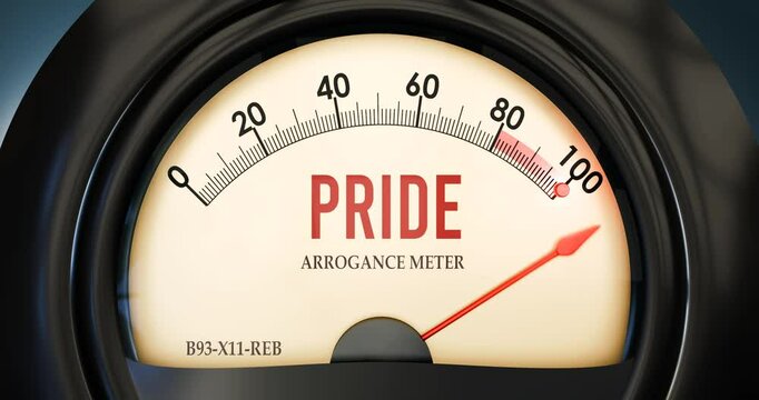 Pride and Arrogance Meter that is hitting a full scale, showing a very high level of pride, overload of it, too much of it. Maximum value, off the charts.
