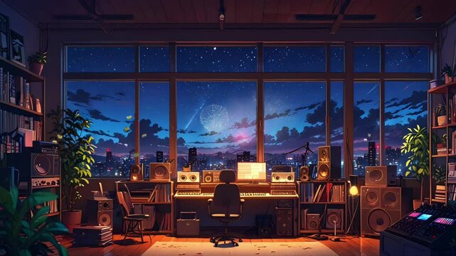 Empty music studio indoors. Anime style concept. Seamless 4K looping timelapse video animation background