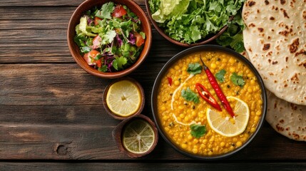 Flat lay of yellow lentil dal garnished with sliced chilies and lemon, served with a side of naan and fresh salad,