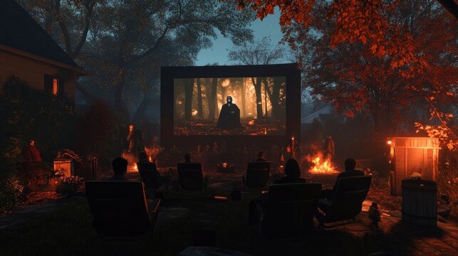 Fototapeta A spooky outdoor movie night with friends, featuring classic horror films projected onto a big screen.
