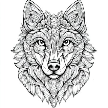 Ornate wolf face illustration with intricate patterns and geometric designs in a black and white coloring page