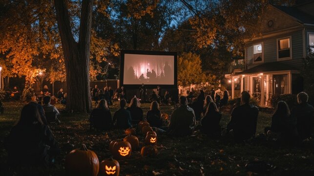 Fototapeta A spooky outdoor movie night with friends, featuring classic horror films projected onto a big screen.
