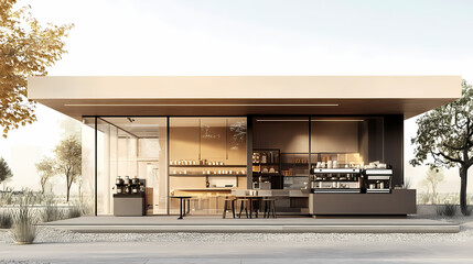 Fototapeta premium 3D illustration of a modern minimalist coffee shop landscape. Architectural design perspective, construction of a fantasy building.