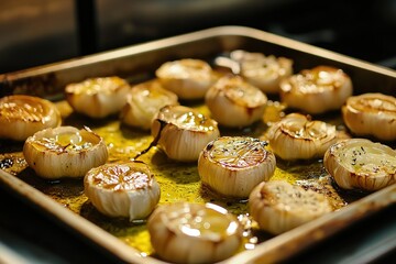 Roasted garlic bulbs in olive oil on a baking tray