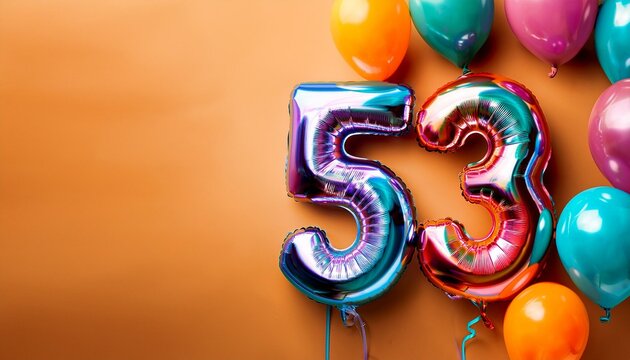 Banner with number 53 colorful balloons with copy space