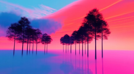 Surreal Forest with Floating Trees at Dusk