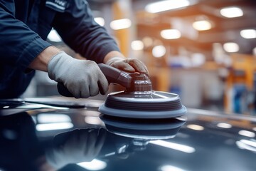 Worker polishing the hood of a white car with a power buffer at a car detailing shop