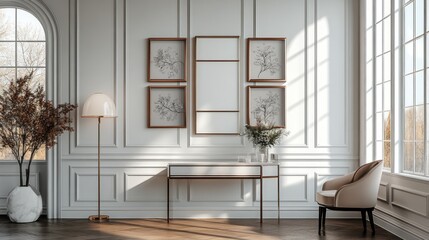 Elegant interior with framed art, a lamp, and a stylish chair.