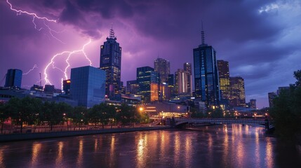 Obraz premium Lightning Strike Over a City Skyline and River at Night