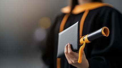 Fototapeta premium A proud graduate in a black gown holds a diploma with an orange ribbon, symbolizing achievement and academic success.