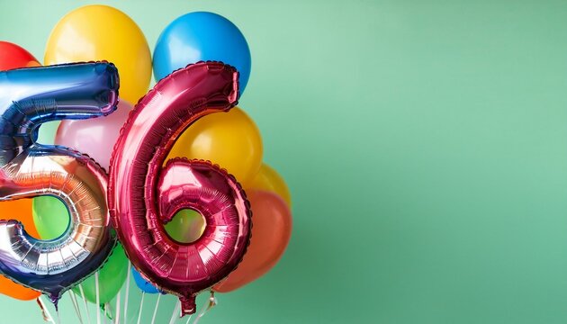 Banner with number 56 colorful balloons with copy space