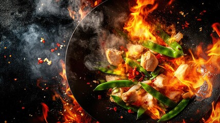 Top view of an intense cooking moment with a wok pan filled with flying ingredients like snow peas and chicken
