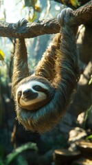 Fototapeta premium A sloth hanging from a tree branch in a lush, green environment.