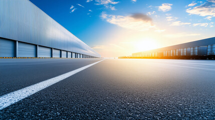 Obraz premium A massive logistics building with a sleek metal exterior and a fully loaded parking lot, with a bright blue sky above, symbolizing efficient cargo transportation and warehousing.