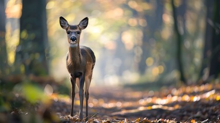 Startled Deer Caught Mid Step in Lush Forest with Soft Morning Light