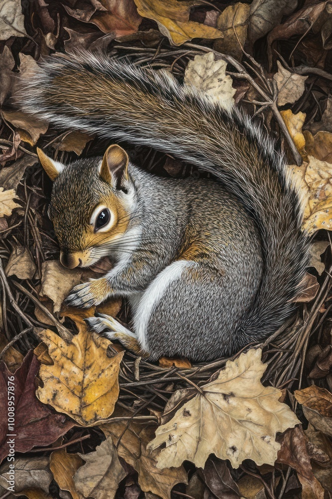 Sticker A curled-up squirrel resting among colorful autumn leaves.