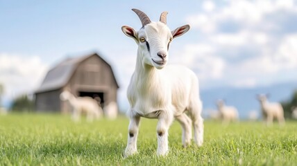 Fototapeta premium Goats grazing in a lush, green pasture with a rustic barn in the background, emphasizing animal welfare practices