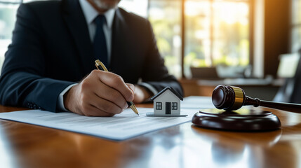 A male judge with a stern face, seated at a wooden desk, signs property documents next to a gavel and a small house model, symbolizing real estate law and house foreclosure cases.