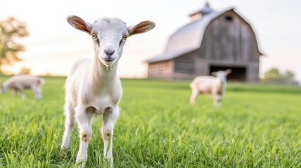 Goats grazing in a lush, green pasture with a rustic barn in the background, emphasizing animal welfare practices