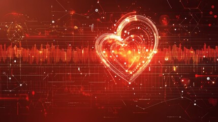 Glowing Red Digital Heart Overlaid on Circuitry Pattern Background, Symbolizing Love in Technology.