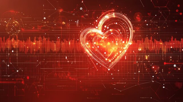 Glowing Red Digital Heart Overlaid on Circuitry Pattern Background, Symbolizing Love in Technology. - Powered by Adobe