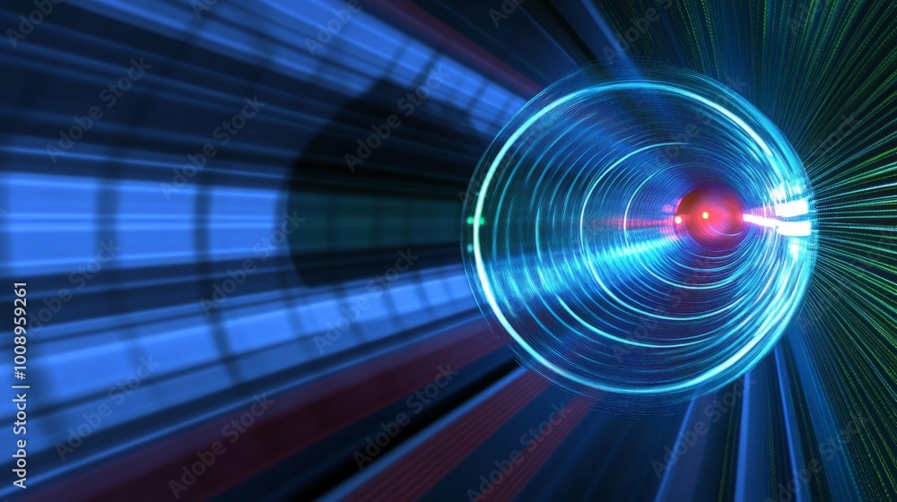 Poster illustration of quantum tunneling showing a particle transitioning through a barrier in a vivid visu