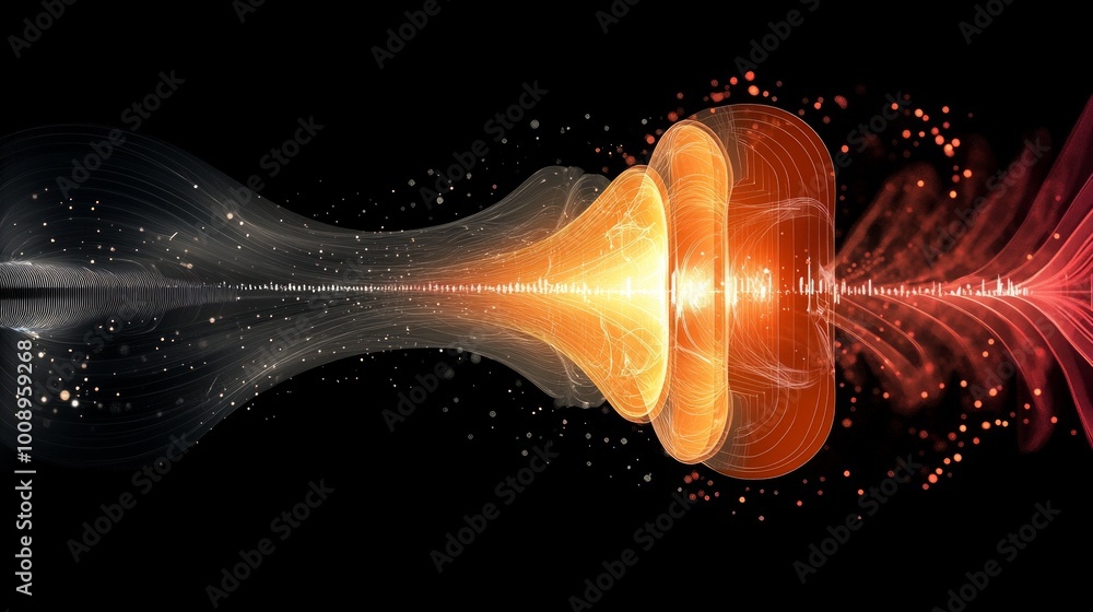Poster visual representation of wave-particle duality illustrating quantum mechanics concepts with dynamic 