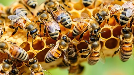 A close-up view of bees working on honeycomb, showcasing their role in honey production.
