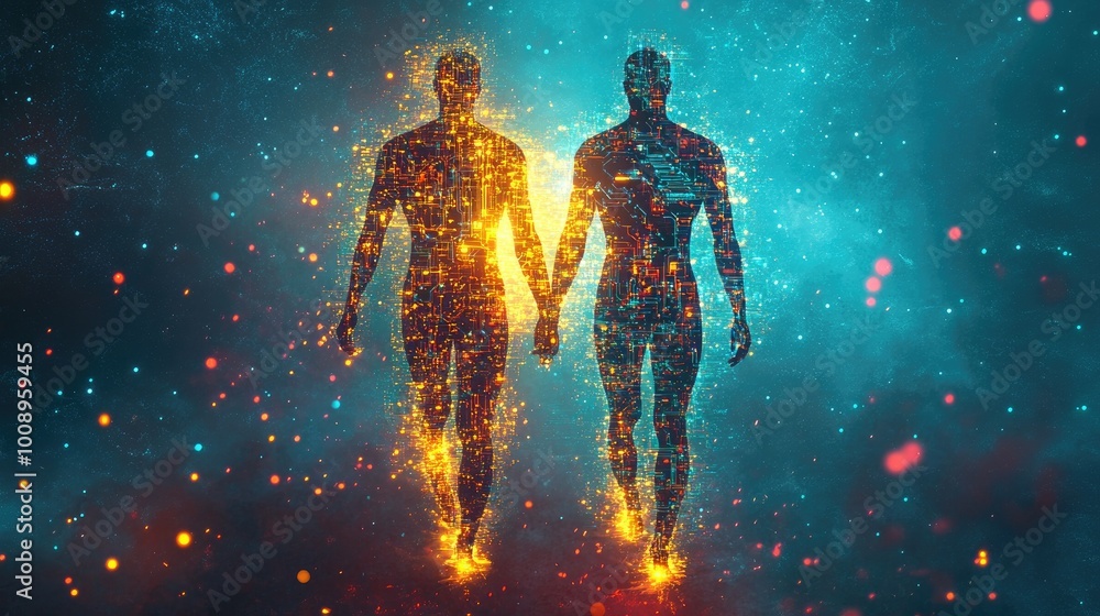Wall mural abstract figures with bodies made of glowing circuits and digital patterns, symbolizing the merger o