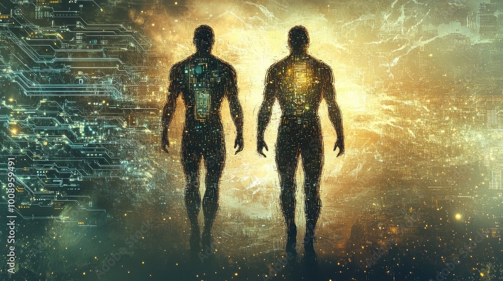 Poster abstract figures with tech-augmented bodies blending into a futuristic world of data and circuits, s