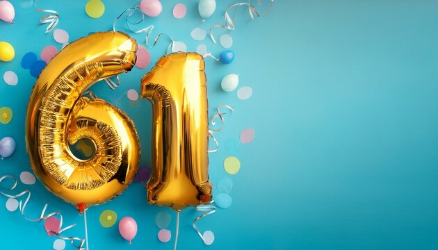 Banner with number 61 colorful balloons with copy space