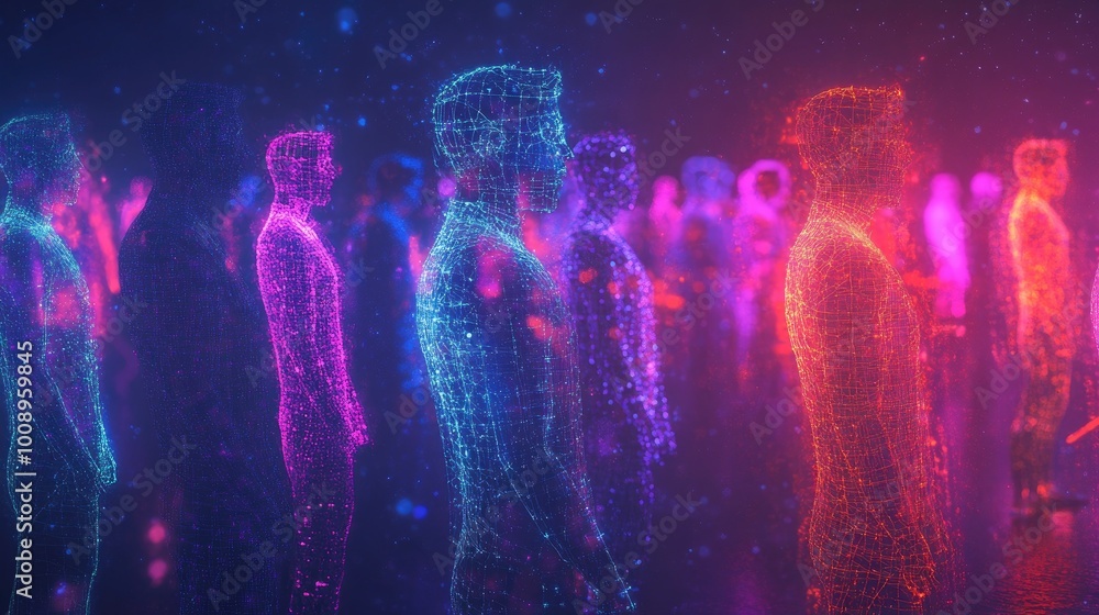 Poster futuristic abstract people dissolving into technology, their forms blending into digital grids and c
