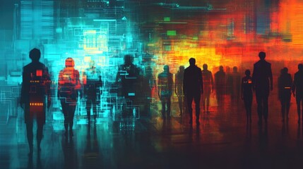 Obraz premium Abstract silhouettes of people merging with glowing digital circuits, symbolizing the fusion of humans and technology, set against a futuristic backdrop