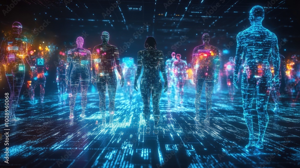 Aufkleber futuristic figures with tech-infused bodies blending into a glowing matrix of digital code and circu