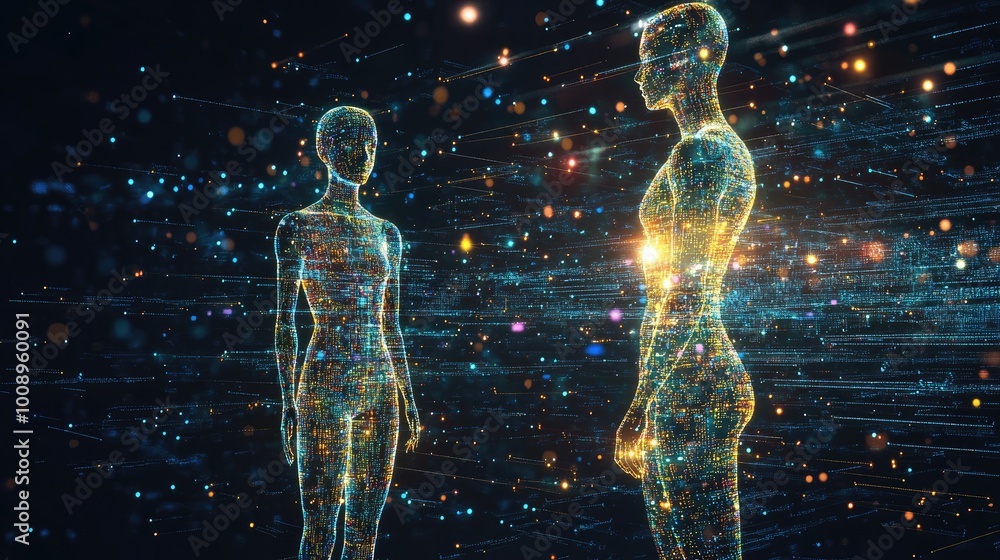Poster futuristic figures with tech-infused bodies blending into a glowing matrix of digital code and circu
