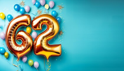 Banner with number 62 colorful balloons with copy space