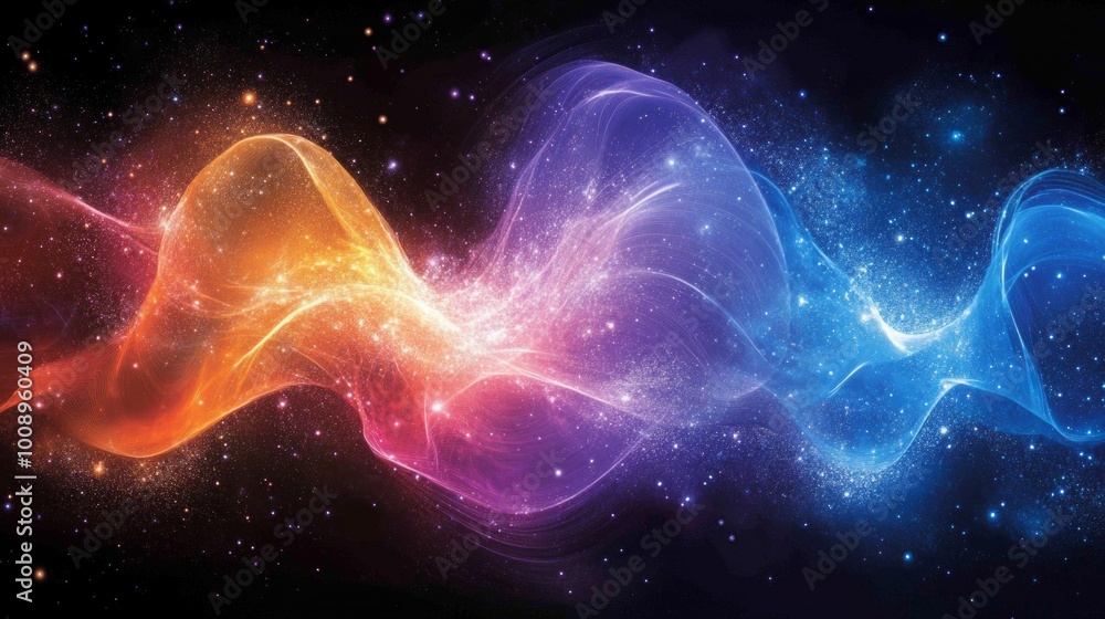 Poster visualizations of wave-particle duality in quantum mechanics showcasing vibrant colors and cosmic pa