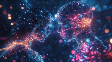 People merging with glowing technology, their bodies formed from digital circuits and data flows, on a surreal futuristic background