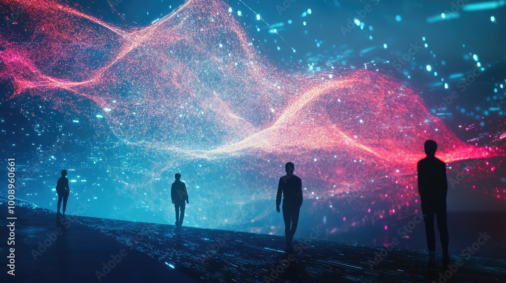 Aufkleber silhouettes of people merging with digital data flows, their forms dissolving into glowing tech, set