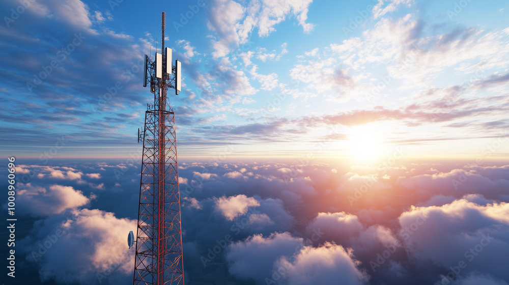 Poster a soaring telecommunication tower with 5g smart antennas glints in the sunlight as puffy clouds drif