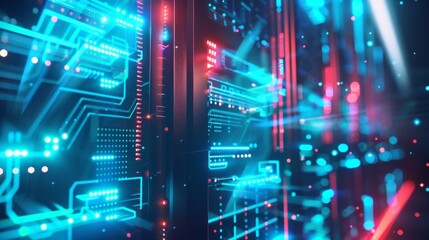 Neon blue-lit server rack showcasing data streams powering healthcare innovations in modern technology