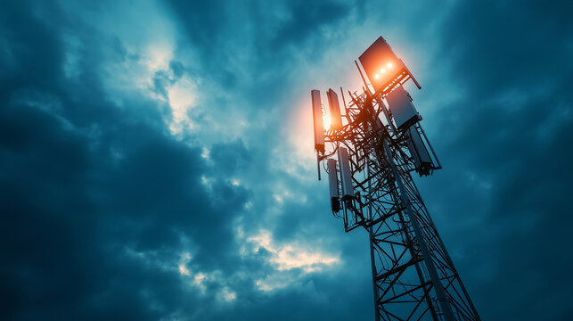 A close-up shot of a telecommunication tower's metal frame, showcasing its intricate network of 5G smart antennas and radio modules, set against a cloudy sky background, symbolizin
