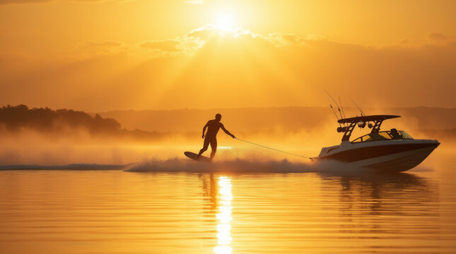 Serene sunrise over a calm lake featuring a silhouette of a wakeboarder towed by a speedboat - Powered by Adobe